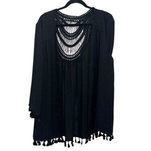 August Silk Womens Black Crochet Tassel Cardigan Kimono L